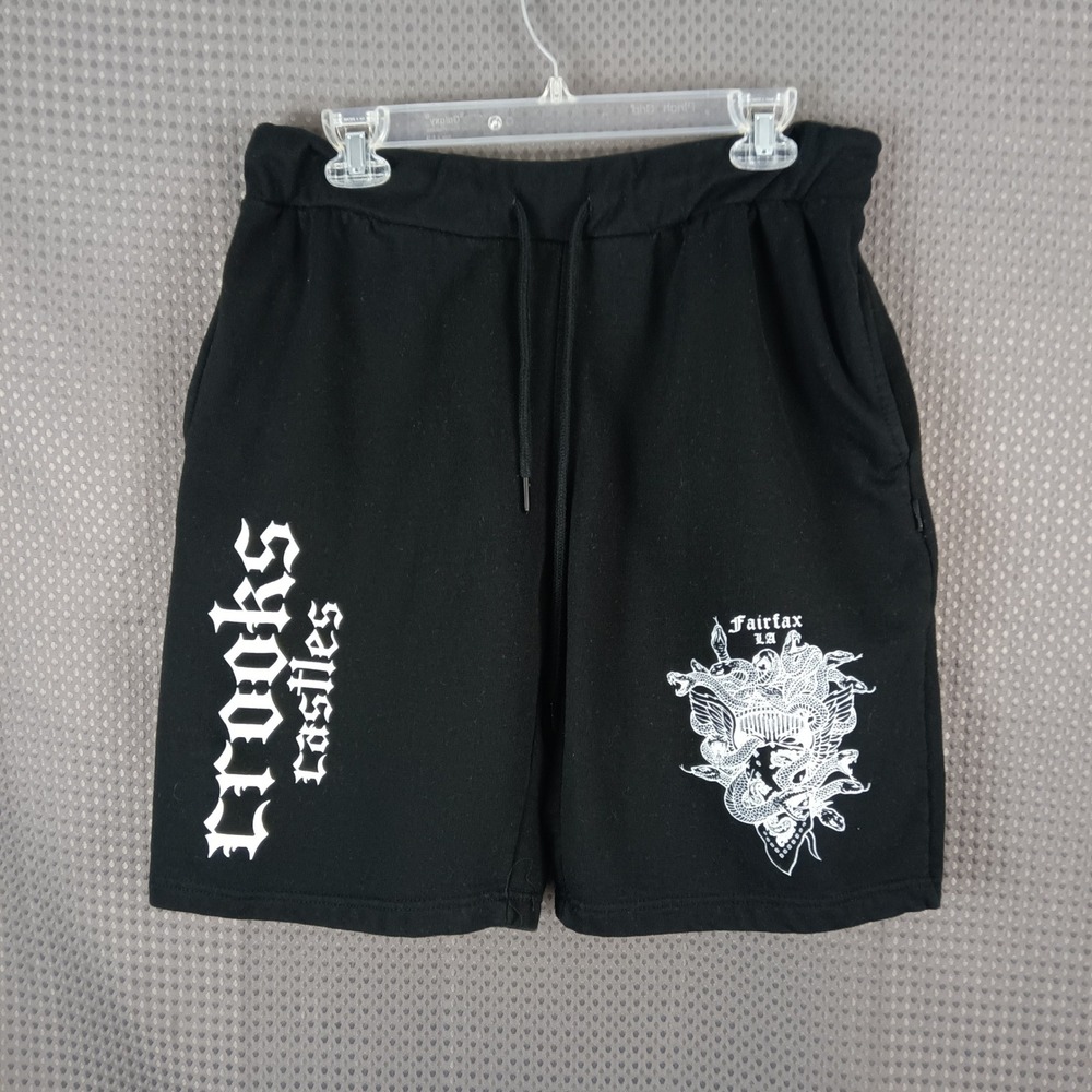 Crooks & Castles Sweat Shorts Mens Large Black Fairfax LA Graphic Drawstring